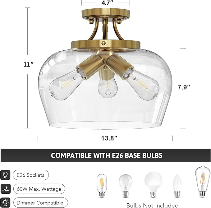 VONLUCE Semi Flush Mount Ceiling Light, 13.8" Ceiling Light Fixture with Clear Glass Shade, E26 Base, 3-Bulb Industrial Lighting Fixture for Hallway Entryway Bedroom, Brushed Gold, ETL Certificated - Aura Lighting