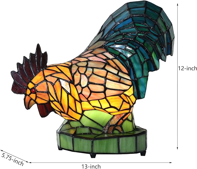 Bieye L12012 Colorful Rooster Tiffany Style Stained Glass Accent Table Lamp Night Light for Bedside Living Room Decoration (Multi-Colored, 5.75Dx13Wx12H)