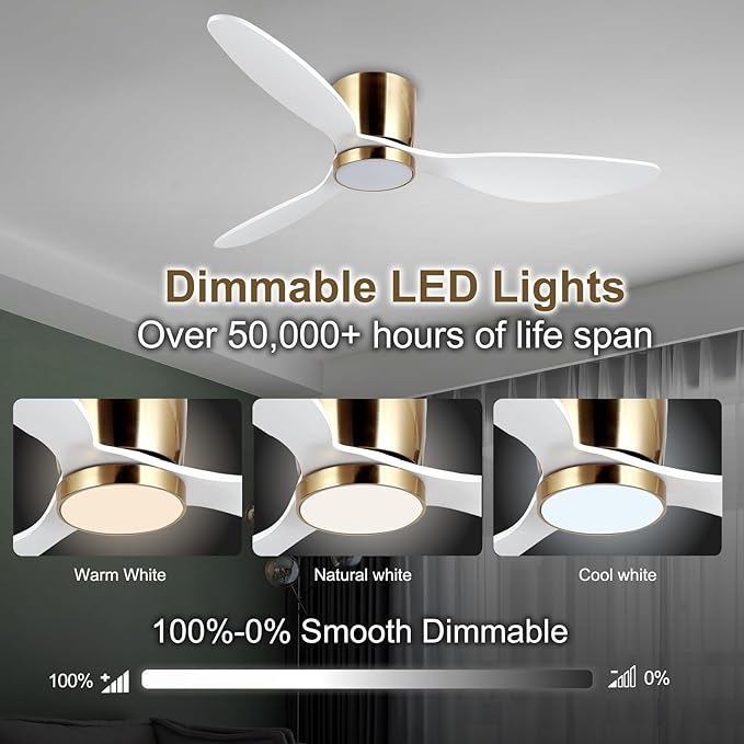 reiga 52 Inch Flush Mount White Ceiling Fan with Light Remote Control, Quiet DC Motor Low Profile 3 Wood Blade Modern Ceiling Fans for Patio Kitchen Living Room Bedroom - Aura Lighting