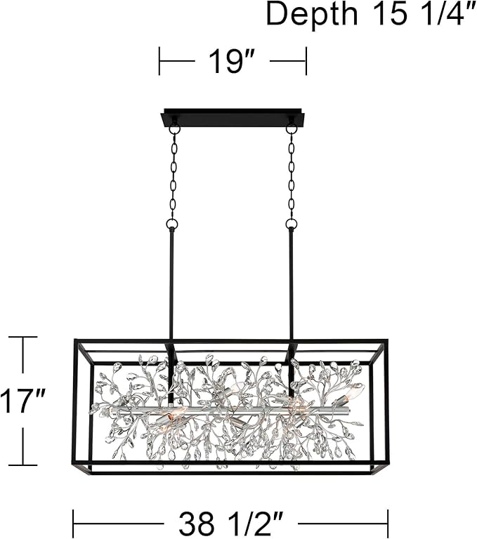 Possini Euro Design Carrine Black Silver Metal Rectangle Linear Pendant Chandelier 38 1/2" Wide Modern Clear Crystal Flower Vine 8-Light Fixture for Kitchen Island Dining Room House High Ceilings - Aura Lighting
