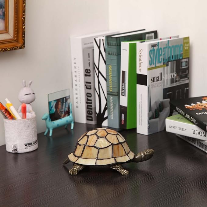 Bieye L10593 Turtle Tiffany Style Stained Glass Accent Table Lamp Night Light for Bedside Living Room (Cream)