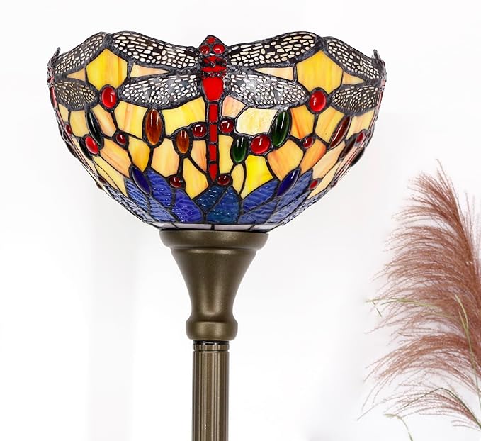 Tiffany Lamp Shade Replacement 12X6 Inch Stained Glass Lampshade Only 1-5/8-Inch Fitter Opening for Arched Floor Lamp, Torchiere Lamp, Pendant Light (Orange Blue Dragonfly)