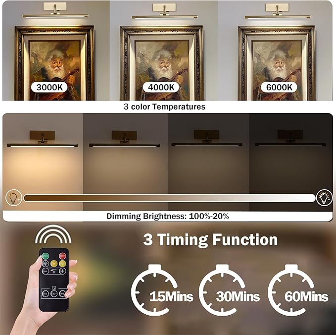 Wireless Picture Light for Wall Battery Operated Rechargeable Art Lights Dimmable Painting Lights Brass Gallery Light with Remote Wall Lights for Display, Artwork, Portrait (15.94Inch)