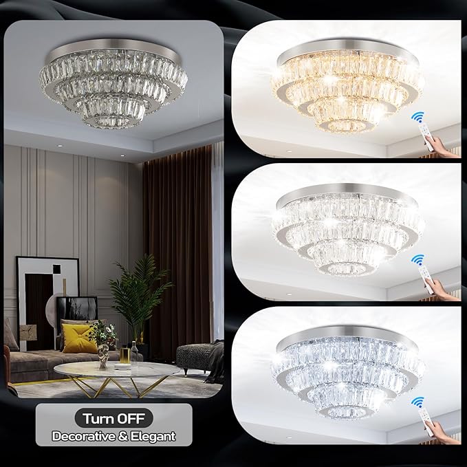 Modern 16.5" Crystal Chandelier Flush Mount, 3-Tier Round 50W Dimmable LED Ceiling Light with Remote, K9 Crystal Ceiling Fixture for Bedroom Living Room Dining Room, Low Ceilings