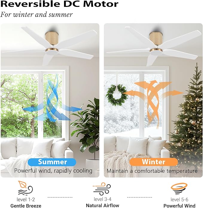 54" Ceiling Fan with Light - Low Profile Flush Mount Ceiling Fan, 6-Speed Remote Control, Solid Wood, Quiet Reversible DC Motor, White/Gold Finish, for Bedroom, Living Room, Porch - Aura Lighting