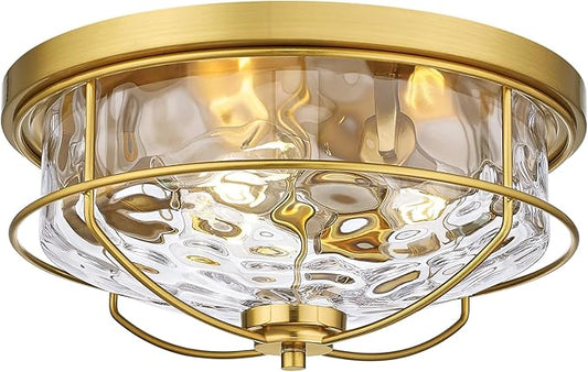 15 Inch Flush Mount Ceiling Light, HWH 3-Light Modern Close to Ceiling Light Fixtures Brushed Gold Finish for Kitchen Porch Foyer with Hammered Water Ripple Glass, 5HTJ102WG-F BG - Aura Lighting