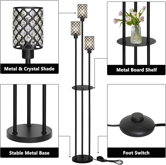 Gold Floor Lamps for Living Room, Standing Floor Lamp with shelves, Tall Lamp with Table, Modern Mid Century Floor Lamp with E26 Base, Coner Crystal Floor Light for Bedroom (Without Bulb) (Black)