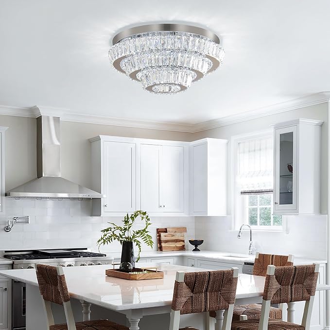Modern LED Crystal Chandelier 3-Tier LED Ceiling Light Round Ceiling Flush Mounted Chandelier Light Fixure for Dinning Room Bedroom Living Room (Cool White)