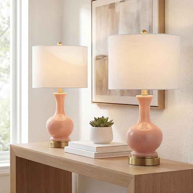 JONATHAN Y 22" Light Coral/Brass Gold Modern Glass Table Lamp Set of 2, Brass Gold Bedside Lamp with White Linen Shade for Bedroom Living Room, LED Bulbs Included (JYL4033D-SET2)