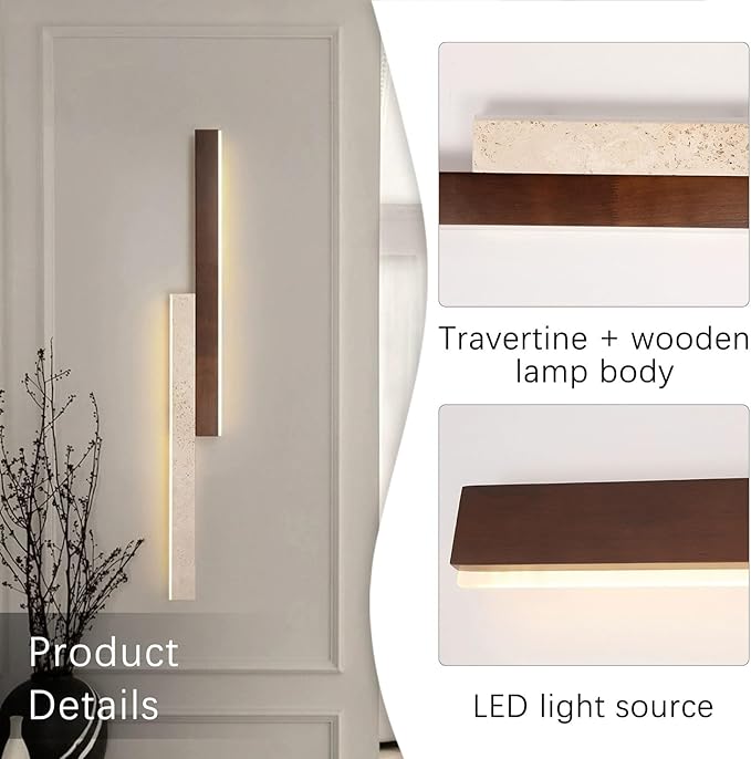 23.6 Inch Yellow Travertine Wall Lamp, Wabi-Sabi Art Lighting Fixture Nordic Modern Marble Wall Sconce, Japanese Style Natural Stone Wall Light for Bedside Bedroom Entryway Stairs Foyer