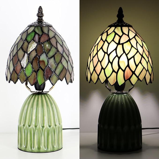 Tiffany Lamp Stained Glass Mushroom Table Lamps 6X6X12.5 Inch Brownish Green Leafage Style Small Night Light Ceramic Base Mini Accent Desk Light Suitable for Bedside Table Bedroom Children Room