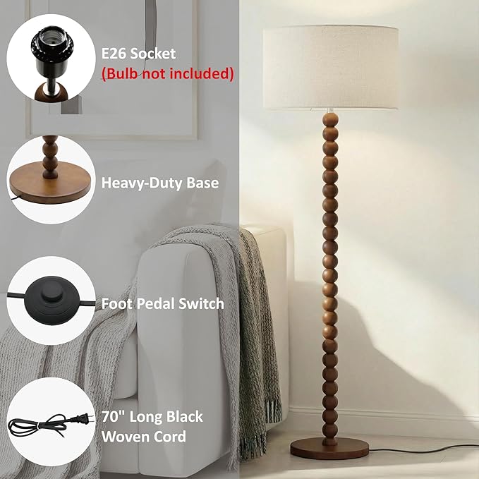 Buruis 61" Beaded Wood Floor Lamp with 17.2" Large Linen Shade, UL Listed, Retro Mid-Century Accent Walnut Finish Standing Lamp for Living Room, Bedroom, Office, Corner, Bulb Not Included, Cream