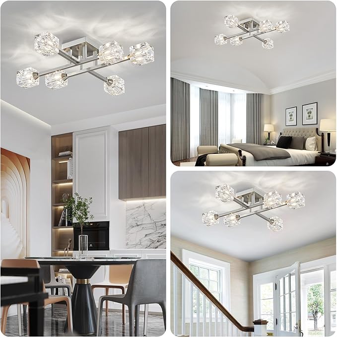 XINGQI Sputnik Light Fixture 6-Lights Semi Flush Mount Ceiling Light, Modern Silver Glass Chandelier Brushed Nickel Lighting for Dining Room Living Room Kitchen Bedroom Entryway - Aura Lighting