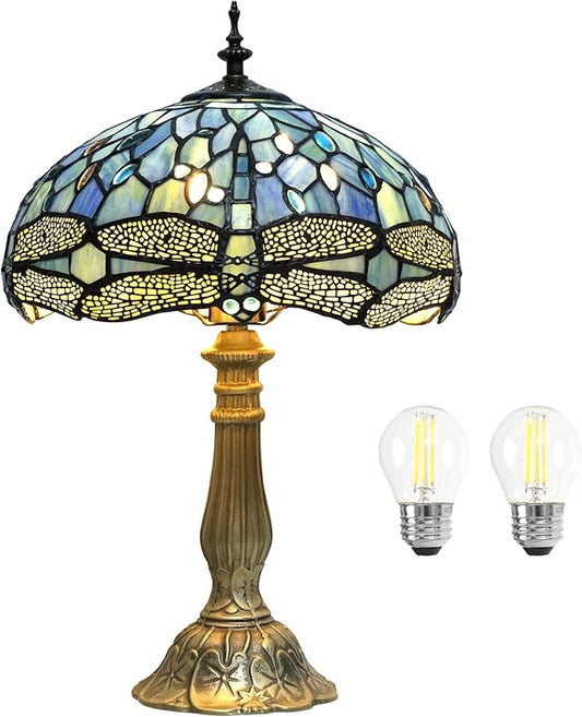YingJu Tiffany Lamp,Blue Stained Glass Table Lamp,12X12X18 Inches Dragonfly Style Vintage Decorative Lamp for Bedroom,Living Room,Home Office (Including LED Bulbs)