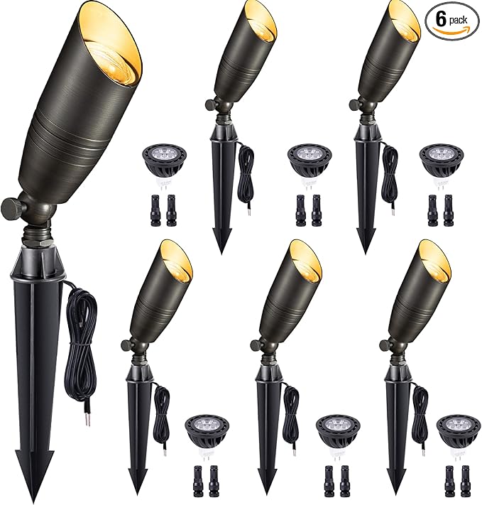 Gardenreet Low Voltage Spot Lights - Solid Brass Landscape Spotlight Wired, 12V Outdoor LED Bullet Uplights, Waterproof Electric Bronze for Patio Wall with 4000K Bright White MR16 Bulb (6 Pack) - Aura Lighting