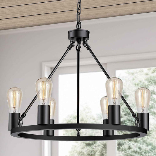 L LOHAS LED Black Farmhouse Chandeliers for Dining Room, 6-Light Wagon Wheel Chandelier Over Table, Height Adjustable, 19" Dining Room Light Fixtures, Modern Chandelier for Kitchen Island Living Room