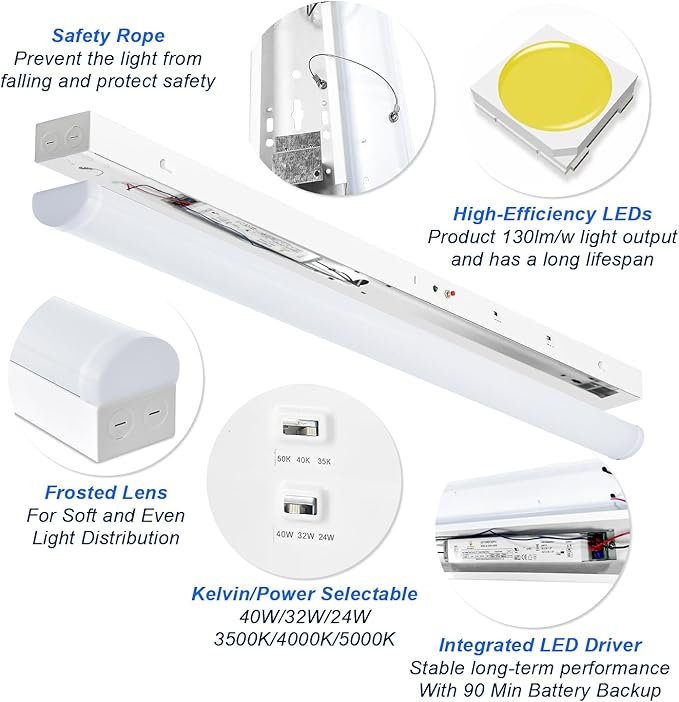 4FT LED Linear Strip Lights with Emergency Battery, 24W/32W/40W Selectable, 3CCT 3500K/4000K/5000K, Dimmable LED Shop Light, DLC ETL Listed Commercial Garage Ceiling Fixtures, AC100-277V (4 Pack)