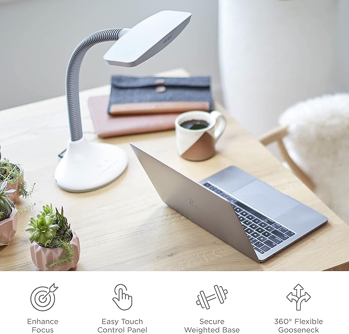 Verilux SmartLight Full Spectrum LED Desk Lamp with Adjustable Brightness, Flexible Gooseneck and Integrated USB Charging Port - Reduces Eye Strain and Fatigue - Ideal for Readers, Artists, Crafters - Aura Lighting