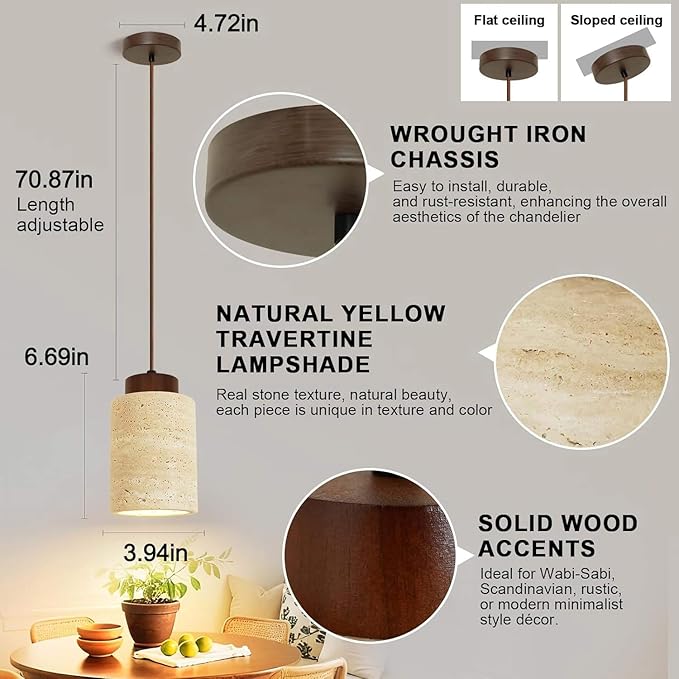 Wabi Sabi Yellow Cave Stone Pendant Light Natural Stone Shade Nordic Wood Chandelier,Japanese Style Lights Natural Stone Lamp For Dining Room Bedside Kitchen Island Hallway