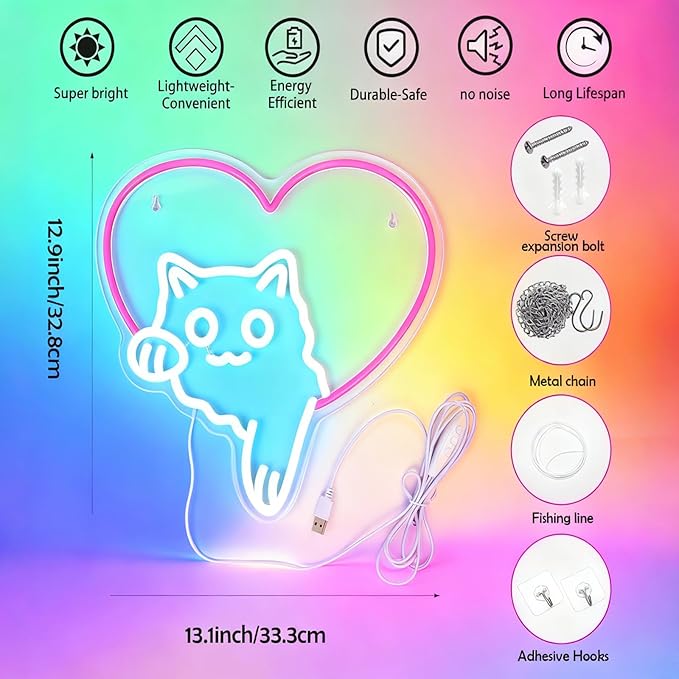 Cat Neon Sign Cute Pink Heart Cat LED Lights, Dimmable Animal Neon Sign for Wall Decor, Cat Lover Gift, Bedroom Wall Art, Living Room, Game Room, Pet Shop, Kawaii Home Accent(12.91 × 13.11 in)