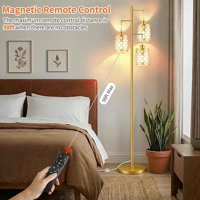 New Upgraded 72" Tall Dimmable Floor Lamp with 3 x 1100LM 12W Bright LED Bulbs, Farmhouse Standing Lamp with Remote Control, Industrial Tree Pole Floor Lamps for Living Room, Bedroom, Office - Gold