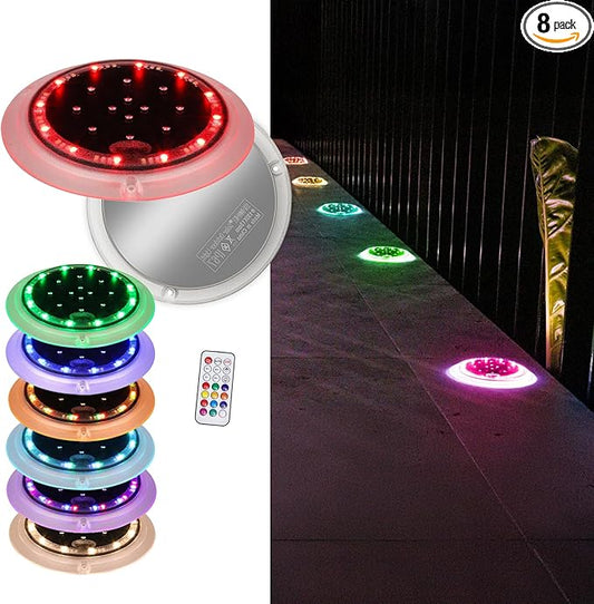 Solar Dock Lights, Color Changing 48 LEDs Super Bright Disc Driveway Light, Outdoor Waterproof Flat Low Profile, Anti-Trip&Anti-Slip for Marine, Ground, Pool, Pier, Deck (RGB-W, 8Pack)