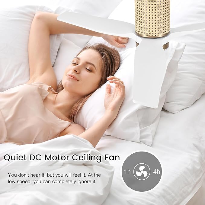 52" Ceiling Fan with Light - Low Profile Flush Mount Ceiling Fan, 6-Speed Remote Control, Solid Wood, Quiet Reversible DC Motor, White/Gold Finish, for Bedroom, Living Room, Porch - Aura Lighting