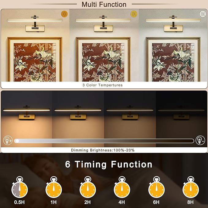Wireless Picture Lights with Remote and Timer Brass Gallery Lighting Rechargeable Wireless Art Lights 3CCT Dimmable Painting Lights Battery operated wall lights for Portrait artwork display 3W 16"