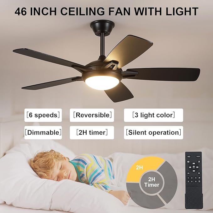 Ceiling Fans with Lights and Remote, 46 Inch Modern Ceiling Fan with Light, Black Ceiling Fans for Bedroom Living Room Indoor/Outdoor, Reversible Quiet Motor, Dimmable LED Light, Black