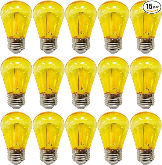 15 Pack S14 LED Bulbs Yellow Christmas Replacement Bulb for Outdoor String Lights 1W Vintage LED Edison Filament Bulb E26 Base Plastic Decorative Bulb for Outdoor Patio Christmas Decor(Yellow)