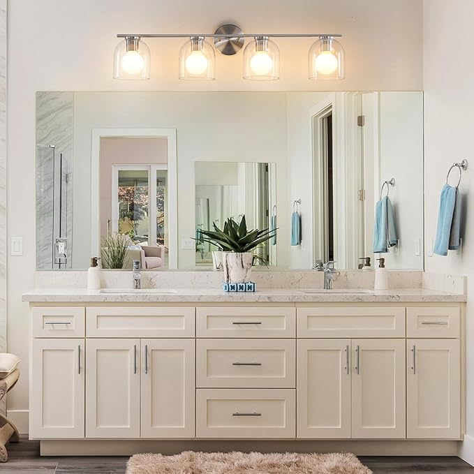 WOSHITU Bathroom Vanity Light Fixtures: 32.3 Inch Modern Brushed Nickel Bathroom Vanity Lights Over Mirror with Clear Glass Shade, 4-Light Bathroom Light Fixture Wall Lights Over Mirror