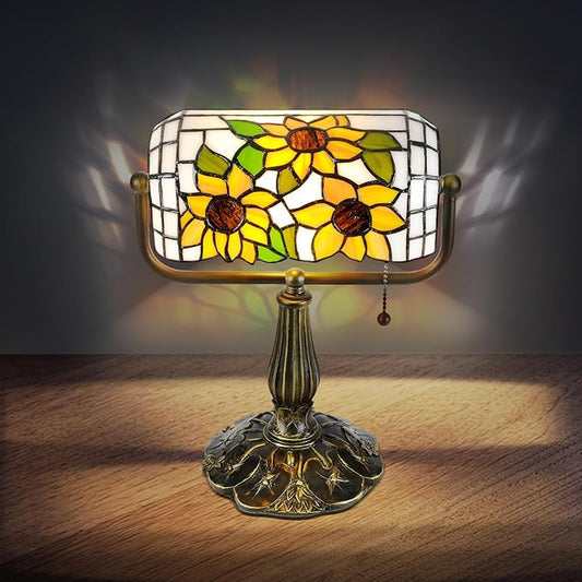 Sunflower Tiffany Bankers Desk Lamp,Handcrafted Stained Glass Piano Light for Office, Study Decor,Vintage Tiffany-Style Lamp with LED Bulb.