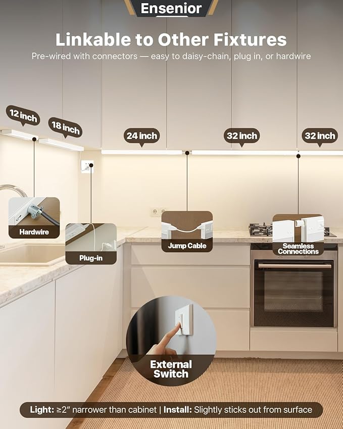 Ensenior 12 Inch LED Under Cabinet Lighting Hardwired or Plug-in Installation, 5CCT Color Selectable - 2700K/3000K/3500K/4000K/5000K, Dimmable Under Counter Lights for Kitchen, FCC, 120V, 8W 500LM