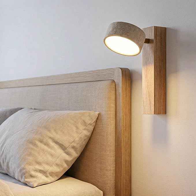 Natural Travertine Bathroom Vanity Light, 300° Swivel Japandi Ash Wood LED Wall Sconce, Warm Travertine Stone Farmhouse Mirror Lighting Fixtures, Modern Rustic Wall Lamp for Powder Room Bedroom(110V)