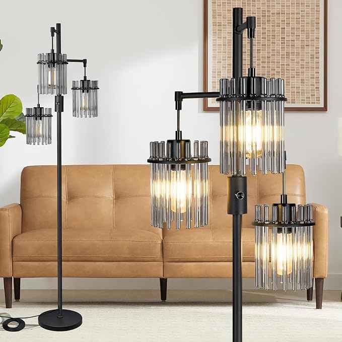 Industrial Floor Lamps for Living Room, Dimmable Floor Lamp Modern Standing Lamps with Glass Lampshade, Rotary Switch, LED Bulbs, Tall Lamps for Bedroom, Office (3 Lampshades(66inch))