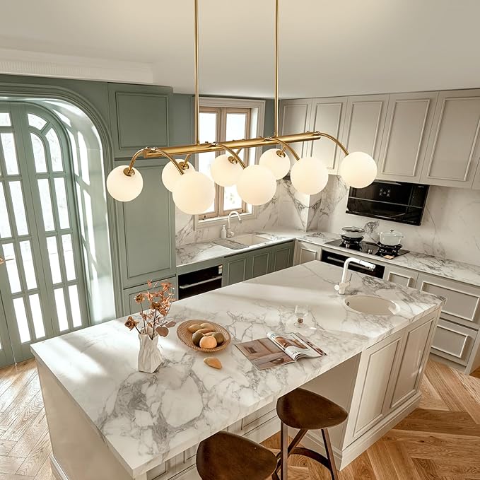 Modern Globe Kitchen Island Lights,Mid Century Bubble Glass Island Light Fixture,8-Light Gold Sputnik Chandeliers,Milk Glass Chandelier for Dining Room,Living Room,Bedroom