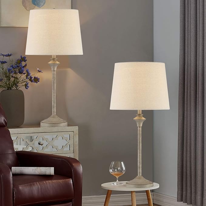 Maxax Farmhouse Buffet Table Lamps Set of 2 for Living Room, 26" Brown Bedside Nightstand Lamps with Oatmeal Fabric Shade Metal Base Decor for Bedroom, Living Room, Office, Kids Room