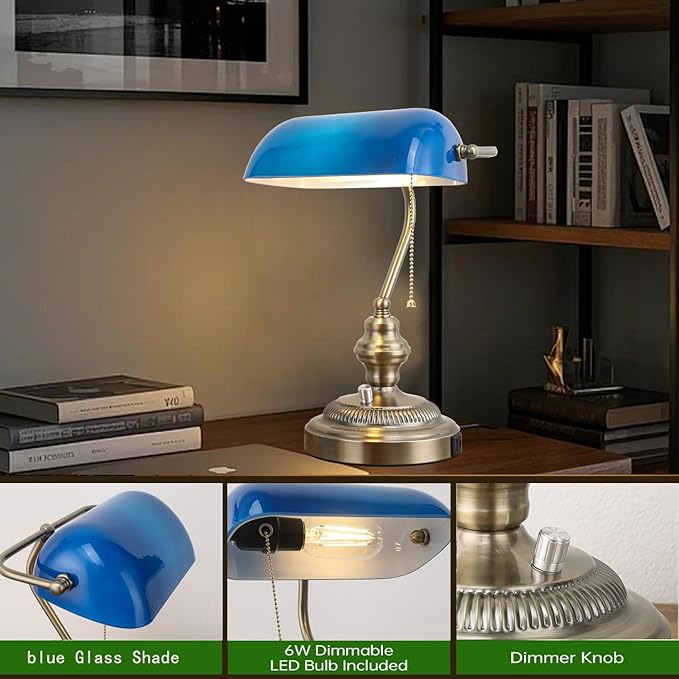Rustic Banker's Desk Lamp Stepless Dimmable, Traditional Bankers Desk Lamp with USB Port and Outlet, Vintage Farmhouse Table Lamp for Home Office Library