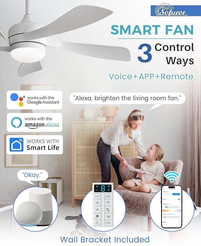 Sofucor 45" Smart Ceiling Fan, Indoor/Outdoor White Ceiling Fans with Lights and Remote, Works with Alexa/Google/App, 3-Color Light 6-Speed Timing Reversible DC Motor for Bedroom Living Room Patio