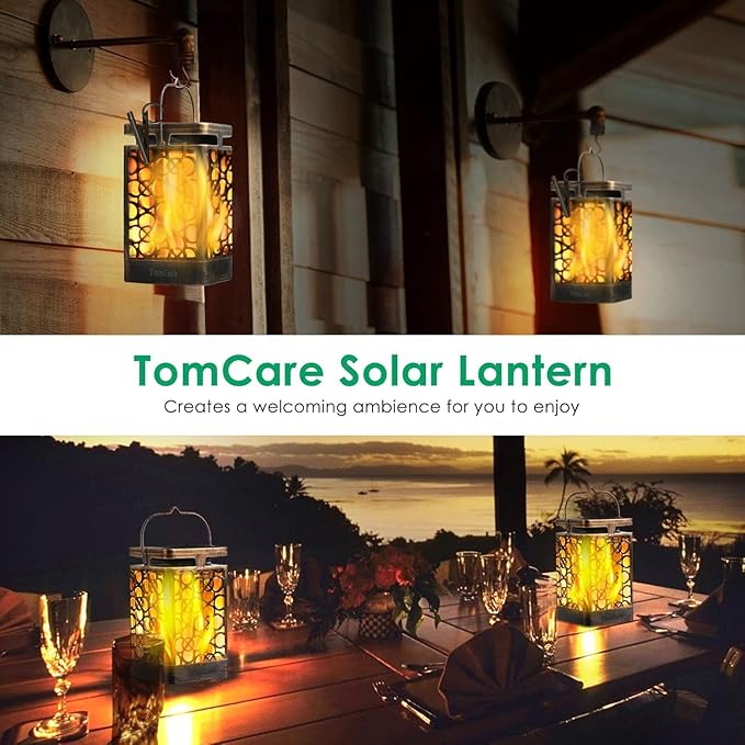 TomCare Solar Lights Upgraded Solar Lantern Flickering Flame Outdoor Hanging Lantern Decorative Lighting Solar Powered Waterproof LED Flame Umbrella Lights for Patio Garden Deck, 4 Pack(Bronze)