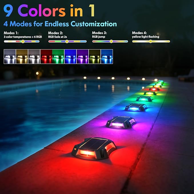 Bosceos Solar Driveway Lights Deck Dock Lights Outdoor 12 Pack, 9 Colors in 1, Pathway Light Solar Powered Waterproof, LED Marker Marine Light for Warning Driveway Sidewalk Pathway Walkway Step(RGB)