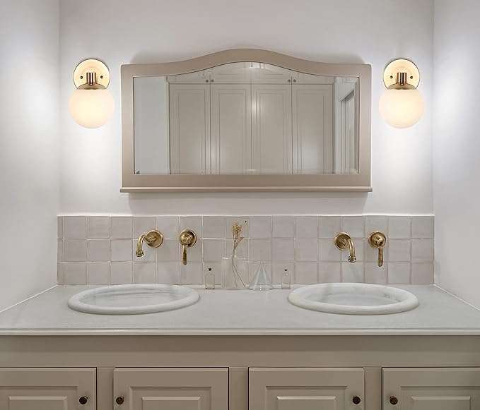 JONATHAN Y 5.75" Brass Gold/Black Modern Globe LED Vanity Wall Sconce Light, White Frosted Glass Shade, Mid-Century Art Deco Wall Lamp for Bathroom, Kitchen, Hallway JYL3540A