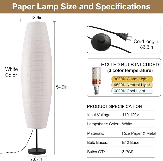 Paper Floor Lamp, White Rice Paper Lamp, 3-Lights, 3 Color Temperature LED Bulbs Included, 54.5in Wabi Sabi Japanese Lantern Standing Light, for Living Room Bedroom Office, 1 Pack