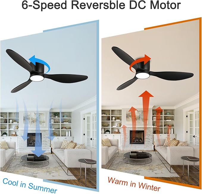 reiga 52 Inch Wood Black Modern Flush Mount Indoor Ceiling Fan with Light and Remote, 3 Propeller Blade, Quiet DC Motor for Bedroom Living Room - Aura Lighting