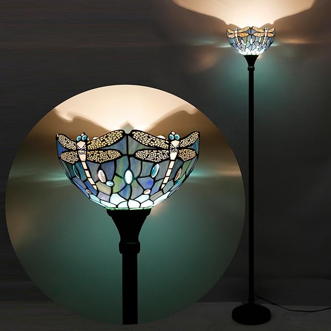 Tiffany Torchiere Floor Lamp Stained Glass Blue Dragonfly Style Standing Corner Torch Uplight 12X12X72 Inch for Bedroom Living Room Home Office