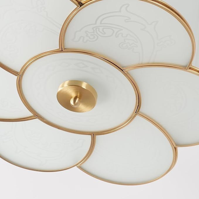 Brass Flush Mount Ceiling Light, Vintage Frosted Glass Ceiling Lighting Fixture, 4 Lights Classic Ceiling Lamp for Bedroom Nursery Living Room (Flower, 17.7")