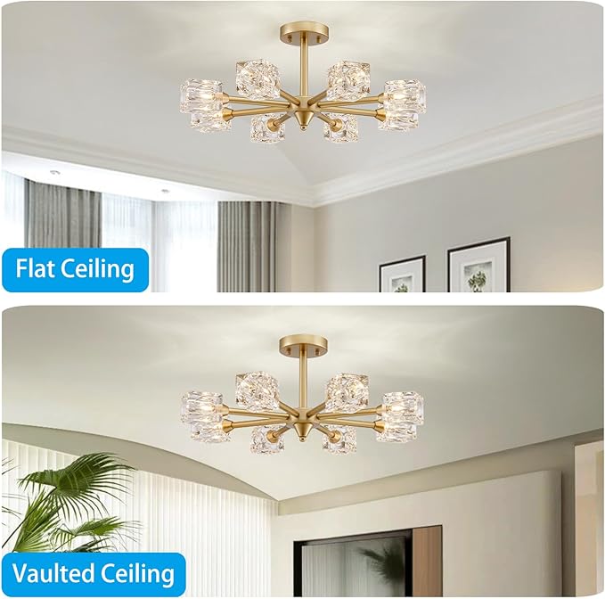 XINGQI 8-Light Semi Flush Mount Ceiling Light Fixture Modern Antique Gold Sputnik Chandeliers Fashion Lighting for Bedroom Dining Room Farmhouse Kitchen Office - Aura Lighting