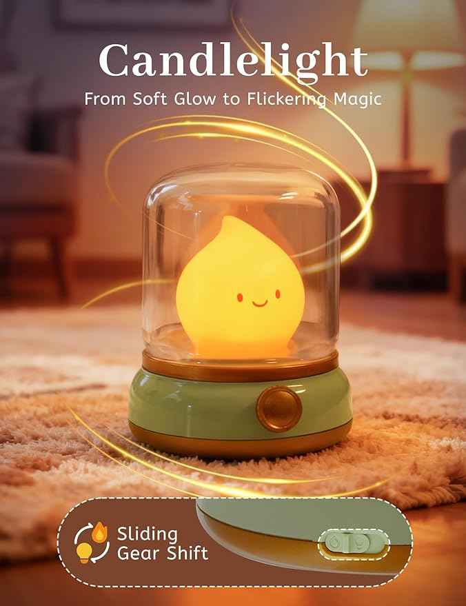 Cute Smiley Night Light with White Noise, Vintage Flickering Flame Lamp, USB Rechargeable Dimmable Sleep Timer, Cozy Lamp Sleep Aid Sound Machine for Bedroom