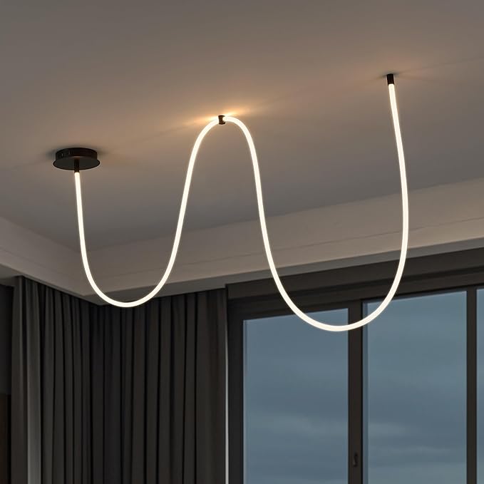 JONATHAN Y 55" Black Modern Minimalist Linear LED Flush Mount Light, 360° Adjustable Silicone Neon Rope, Dimmable Lamp for Bedroom, Living Room, Home Office (JYL7142B)