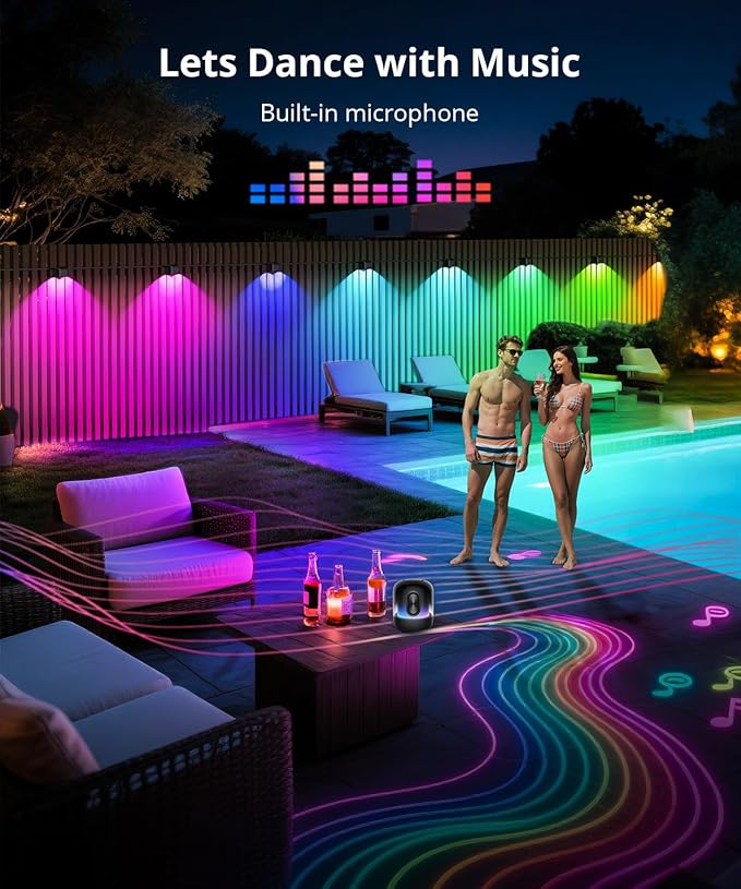 Outdoor Deck Lights 24 Packs, Smart RGBCW Fence Light, 100+ Scene Modes, Dual Lens LED String Lights with APP/Voice/Remote Control, IP65 Waterproof for Halloween Christmas Decor, 157ft Black